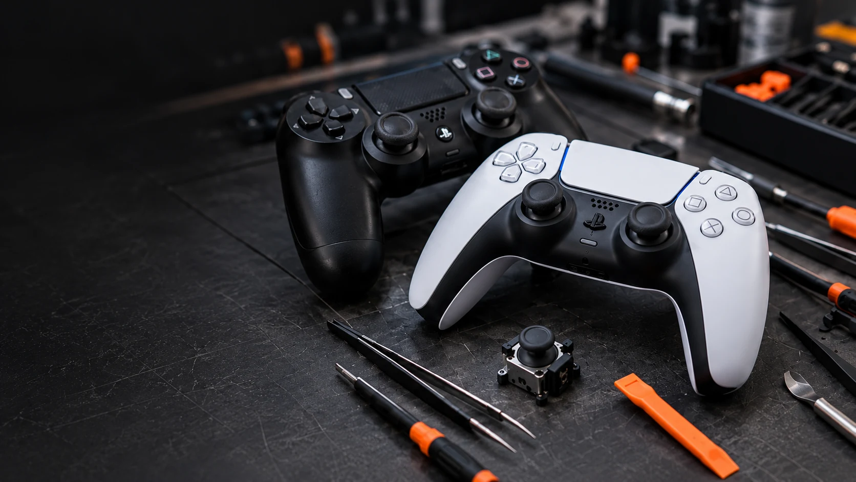 PS5:n DualSense- ja PS4:n DualShock 4 -ohjaimet korjauspöydällä